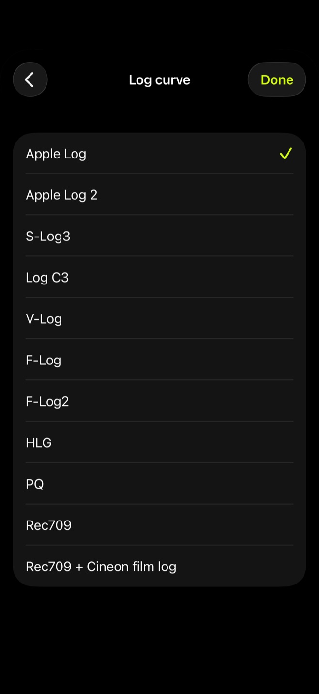 Die Liste Log curve in der App mit Häkchen bei Apple Log, darunter Apple Log 2, S-Log3, Log C3, V-Log, F-Log und F-Log2.